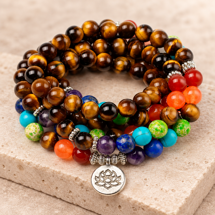 Collana Mala con 7 Chakra e Occhio di Tigre