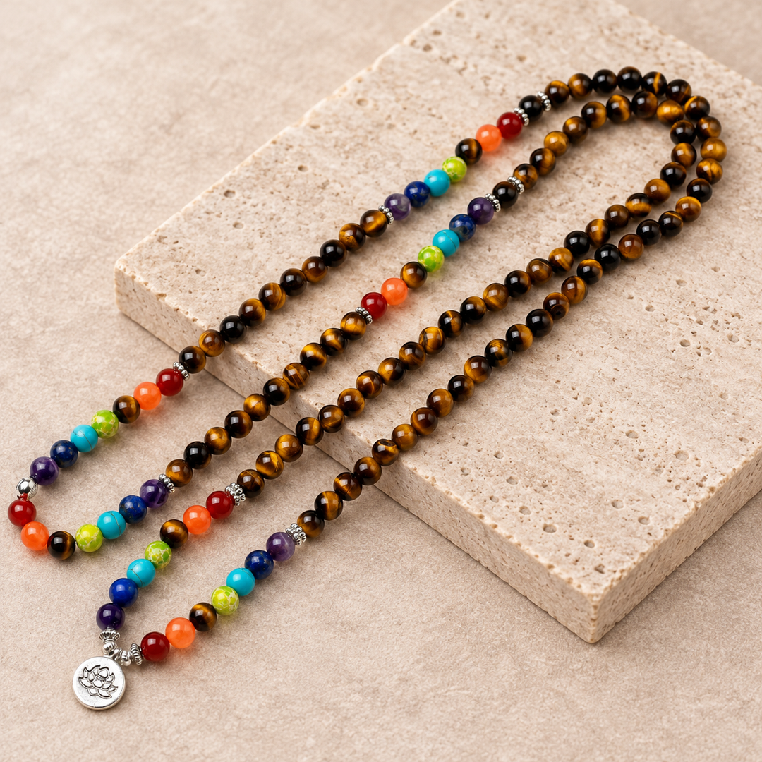 Collana Mala con 7 Chakra e Occhio di Tigre
