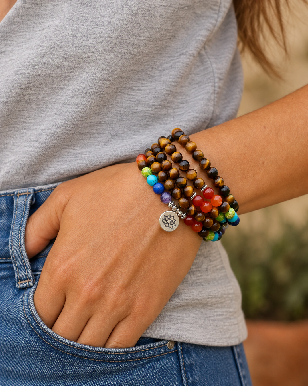 Collana Mala con 7 Chakra e Occhio di Tigre