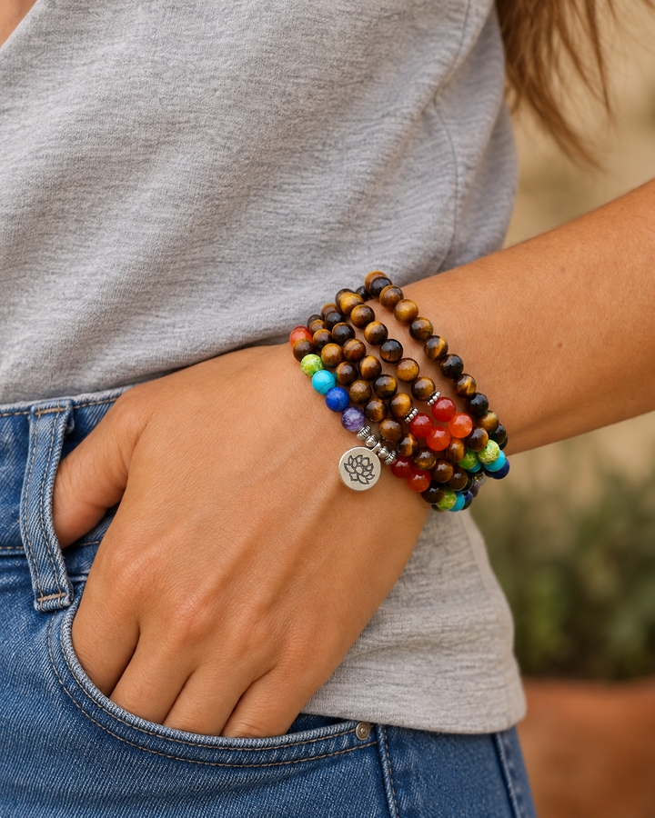 Collana Mala con 7 Chakra e Occhio di Tigre