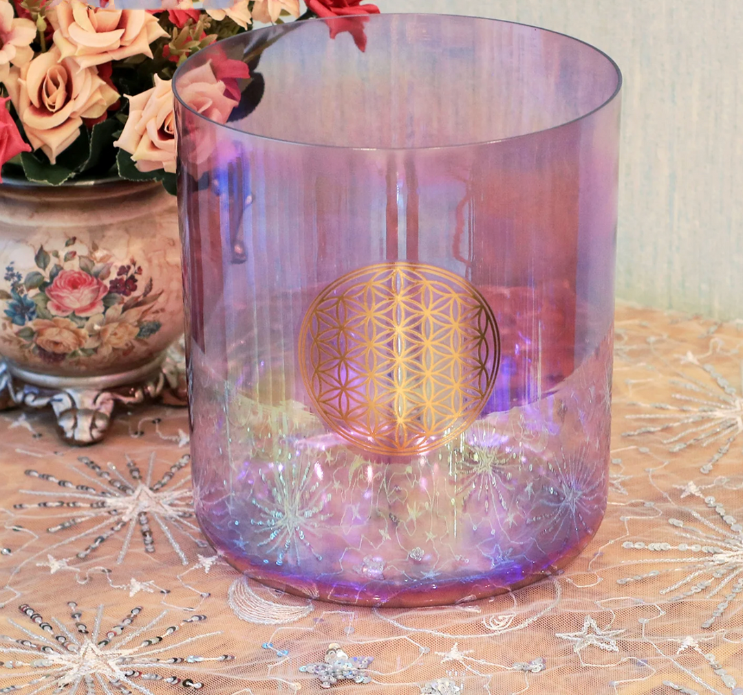 Campana tibetana in cristallo di quarzo "Fiore della vita"