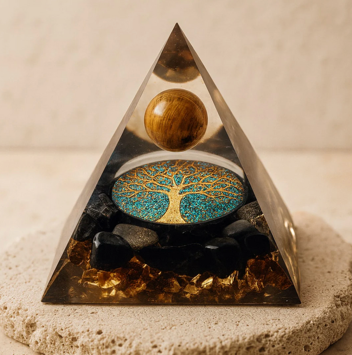 Piramide di orgonite con albero della vita e occhio di tigre