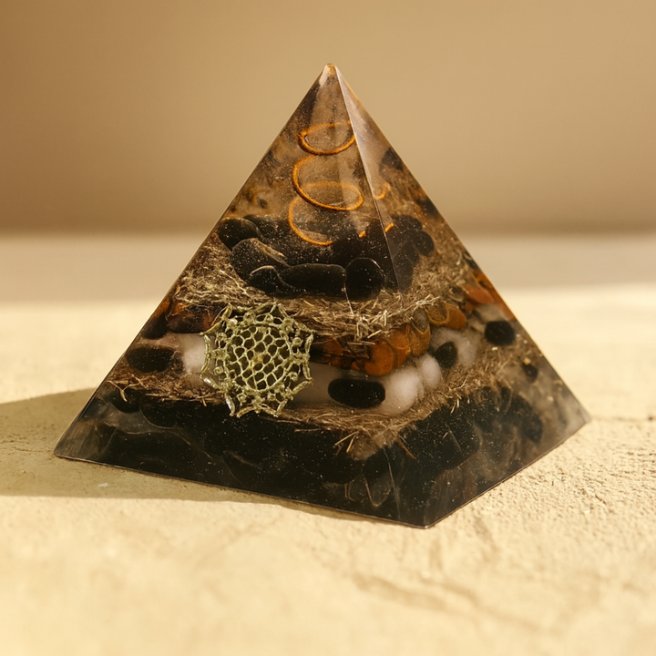 Piramide di orgonite con ossidiana e rame.