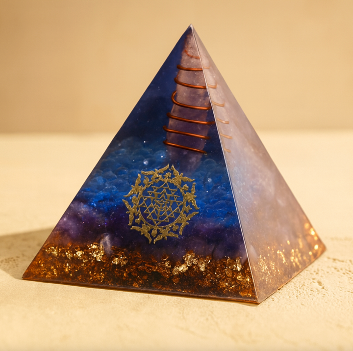 Piramide di orgonite con lapislazzuli e loto