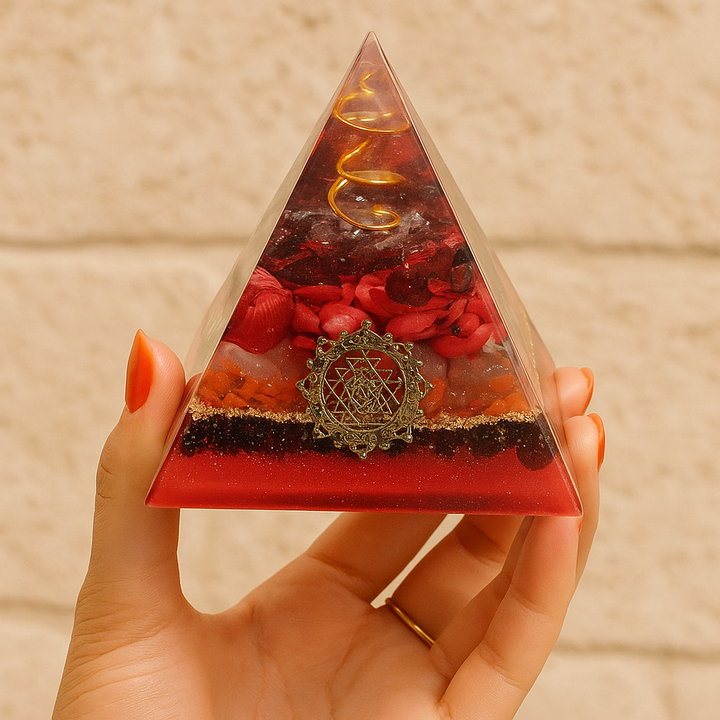 Piramide di orgonite con lapislazzuli e loto