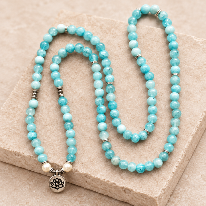 Collana Mala con perle di acquamarina