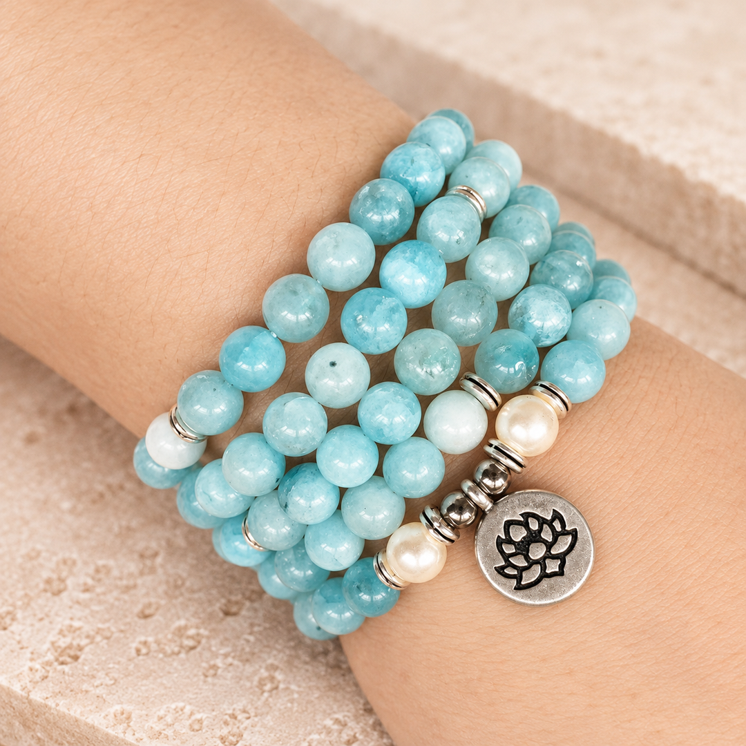 Collana Mala con perle di acquamarina
