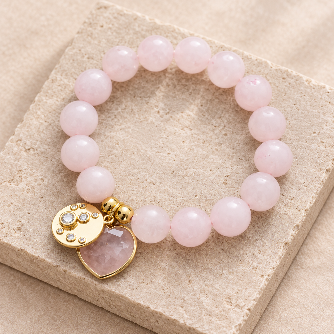 Braccialetto con ciondolo a forma di cuore in quarzo rosa