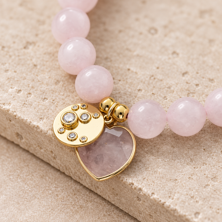 Braccialetto con ciondolo a forma di cuore in quarzo rosa