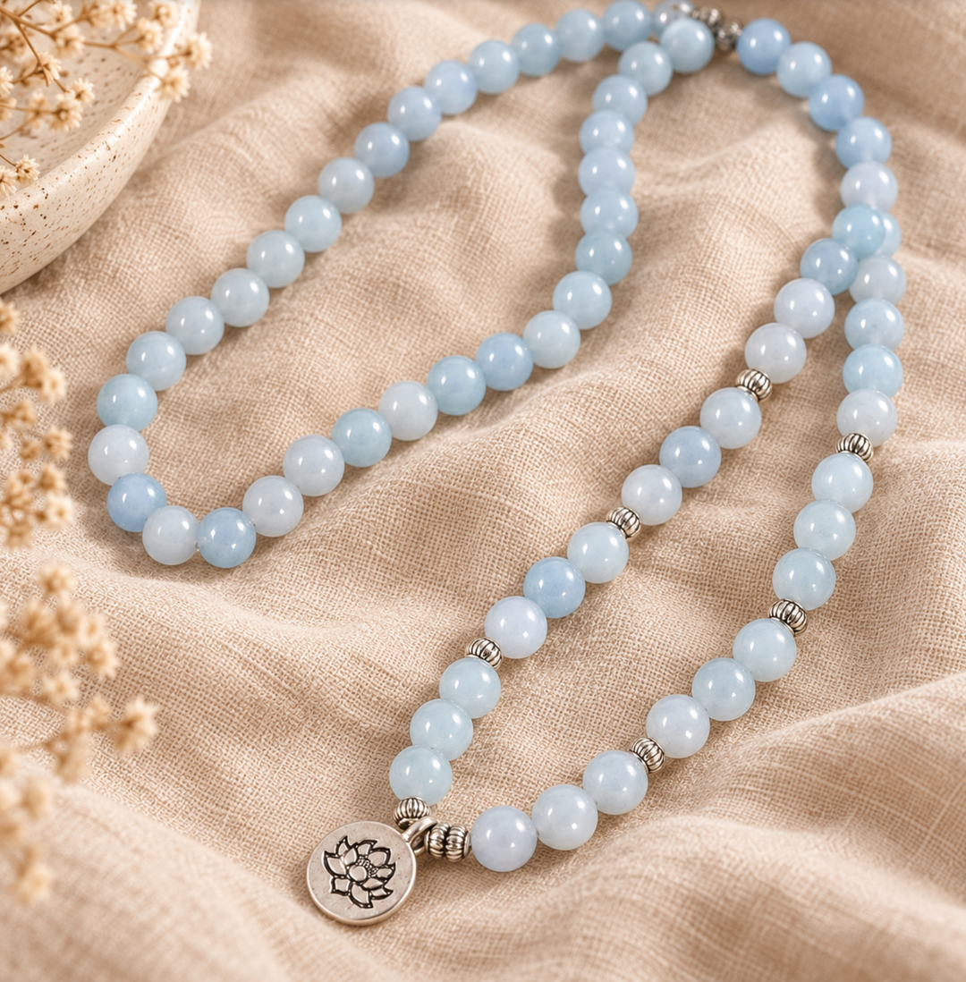 Collana Mala in acquamarina lucente