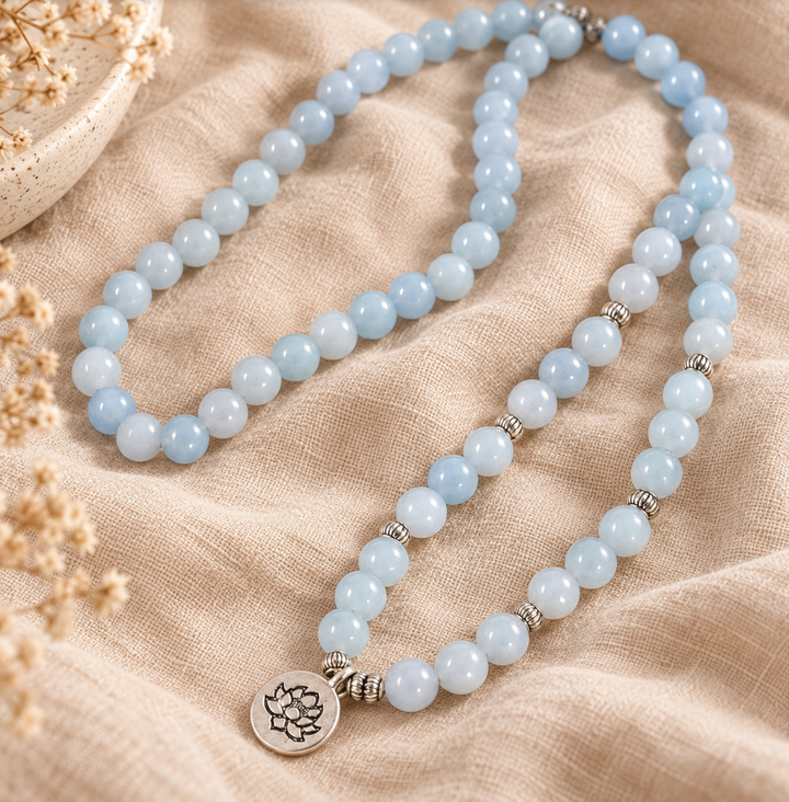Collana Mala in acquamarina lucente